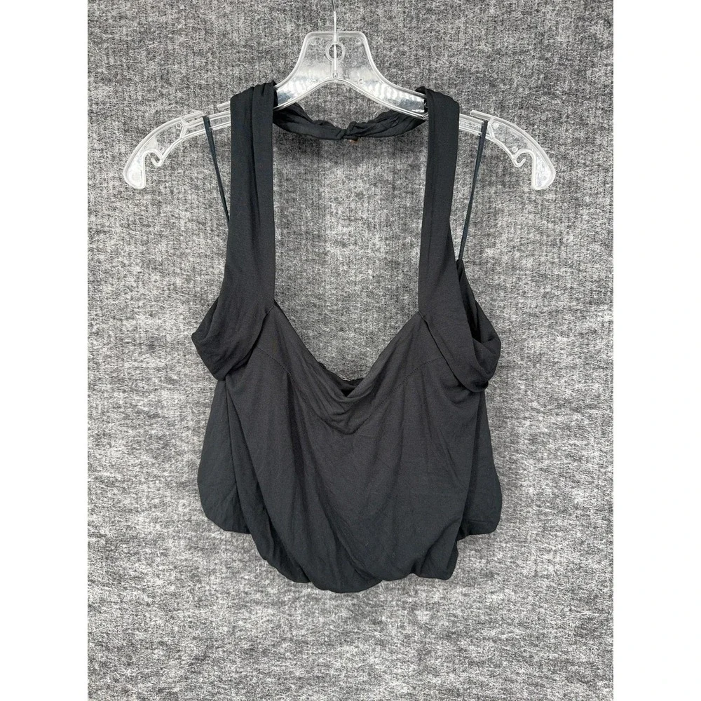 Free People Tank Top Womens S Black Halter Cross Strap Bubble Hem Cami
